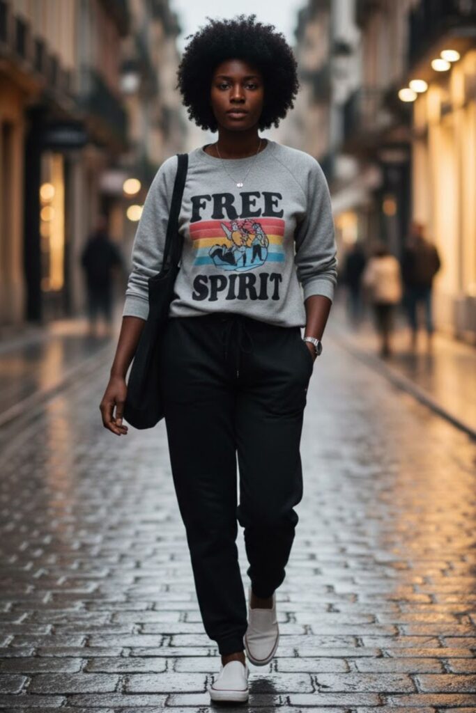 8. Graphic Sweatshirt and Slip-On Sneakers