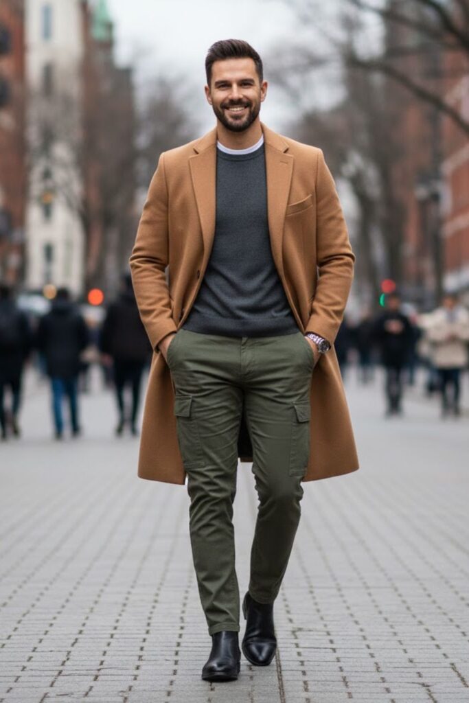 8. Green Cargo Pants with a Long Coat