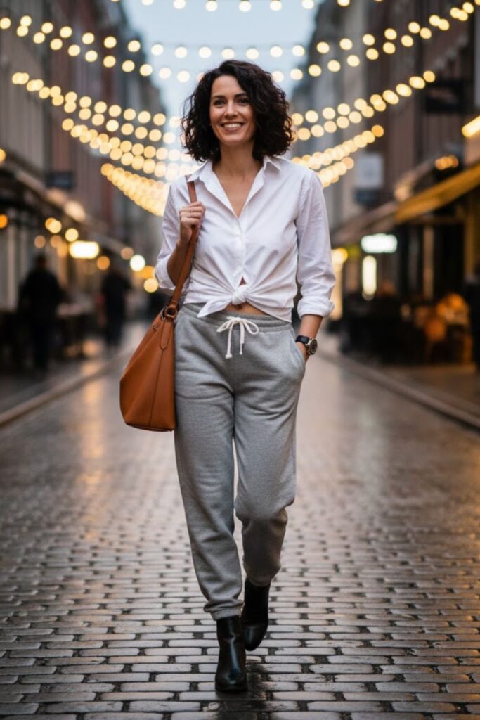 8. Grey Sweatpants with a Button-Up Shirt