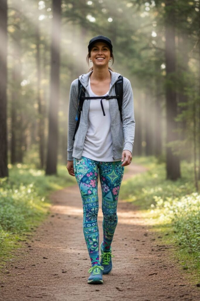 8. Patterned Leggings with Lightweight Hoodie and Trail Shoes
