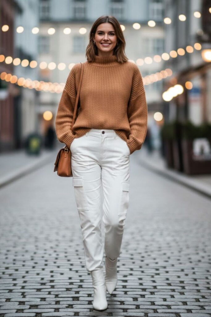 8. White Cargo Pants With a Neutral Knit Sweater