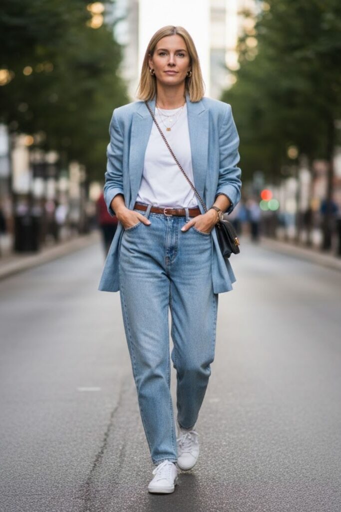9. Baggy High-Waisted Jeans with Blazer and Sneakers
