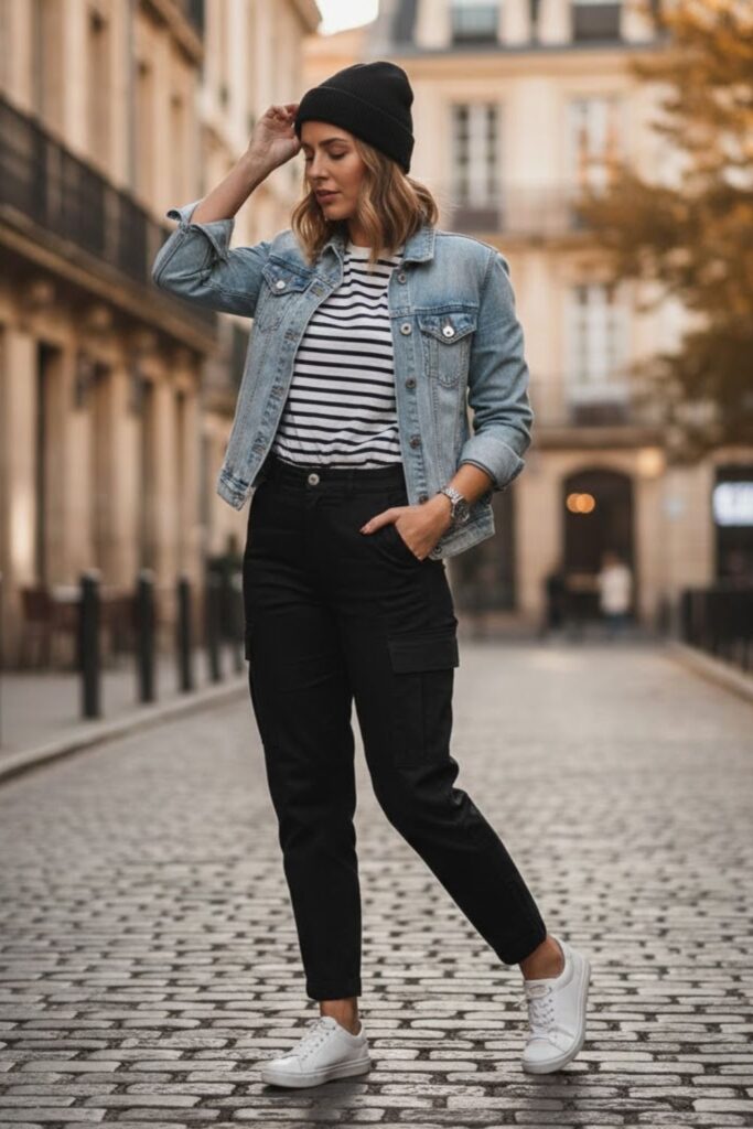 9. Black Cargo Pants With a Striped Long-Sleeve Shirt