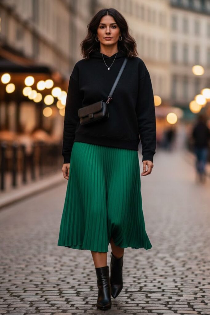 9. Black Hoodie with Pleated Skirt and Ankle Boots