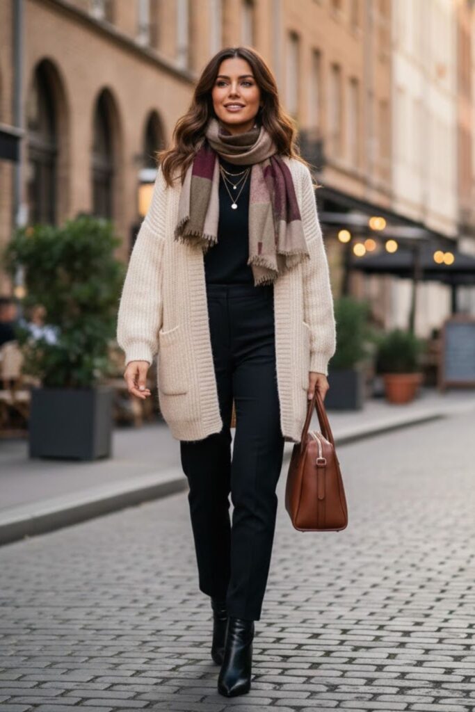 9. Black Trousers with Knit Cardigan