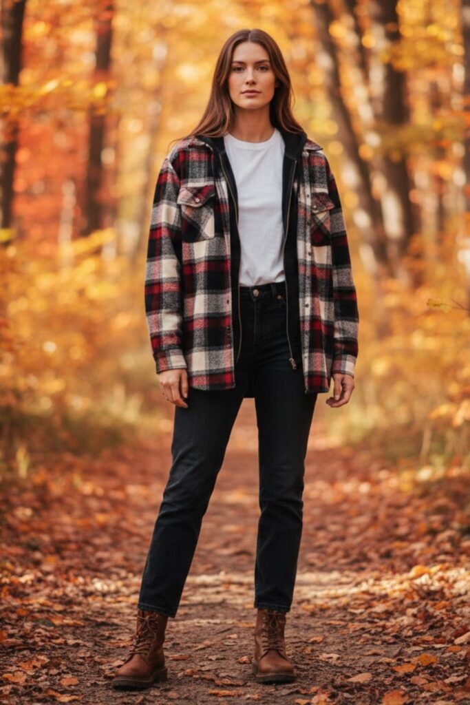 9. Black Zip Up Hoodie with Flannel Shirt
