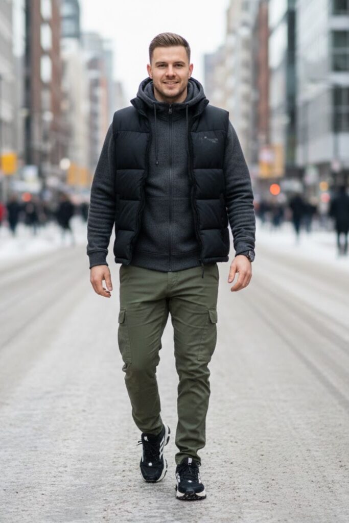 9. Green Cargo Pants with a Hoodie and Puffer Vest