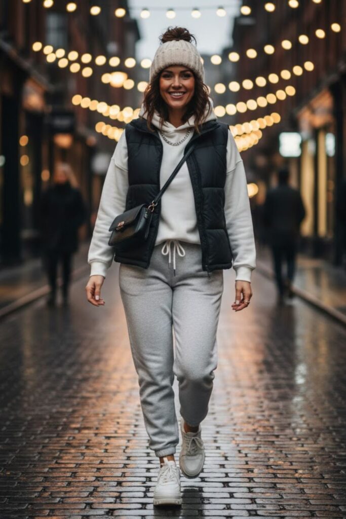 9. Grey Sweatpants with a Hoodie and Puffer Vest