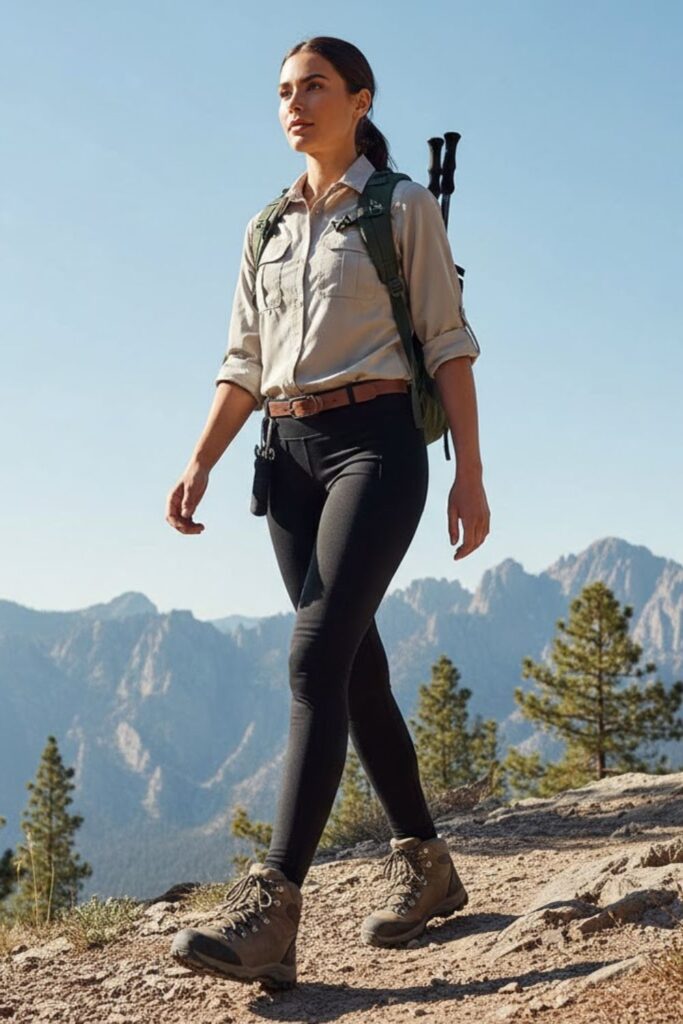 9. Leggings with Button-Down Hiking Shirt and Sturdy Boots