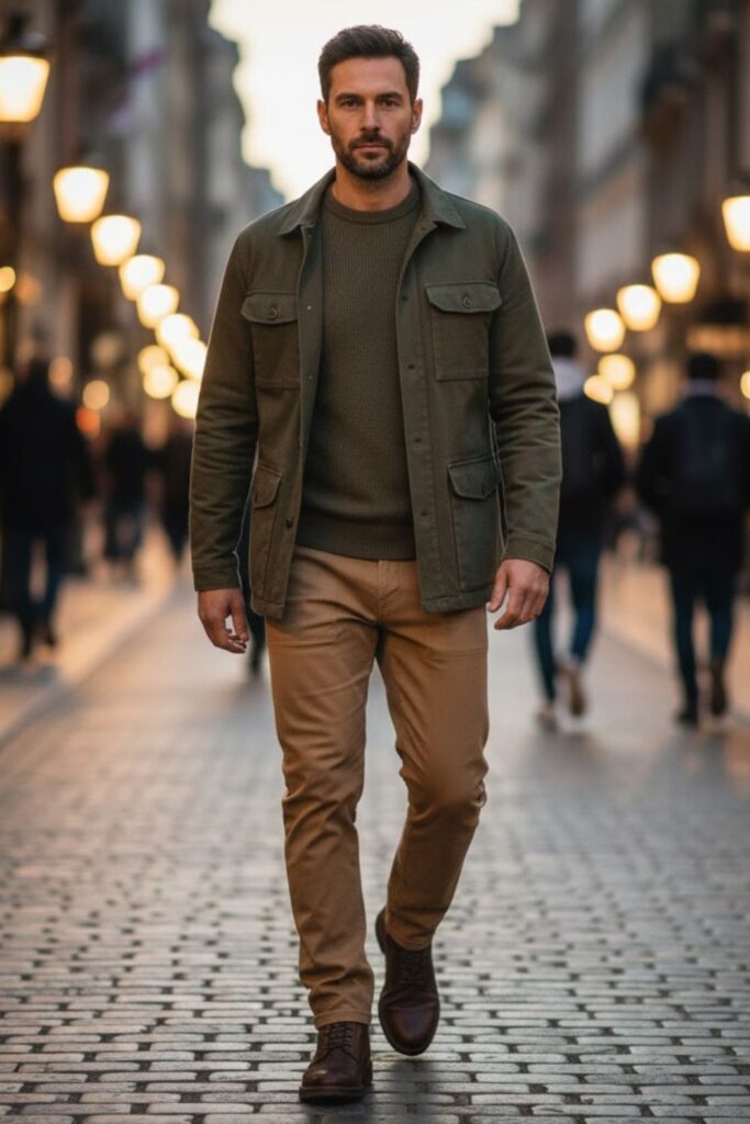 9. Olive Green Sweater With Light Brown Pants