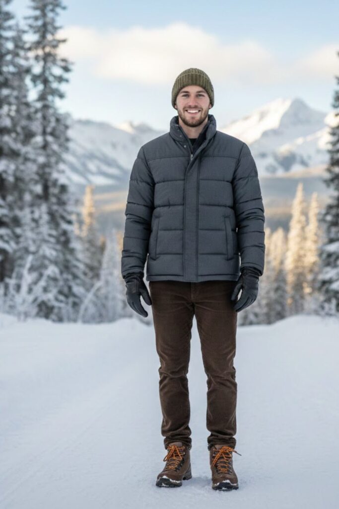 Oversized Puffer Jacket With Brown Pants