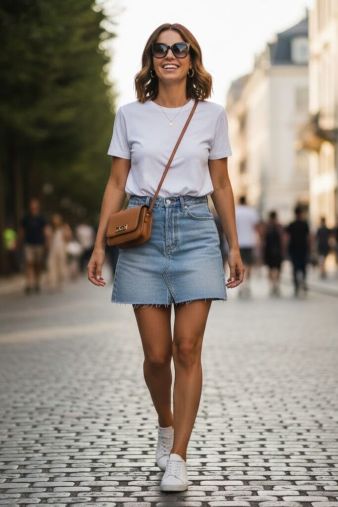 1. Denim Mini Skirt with White Tee and Classic Sneakers