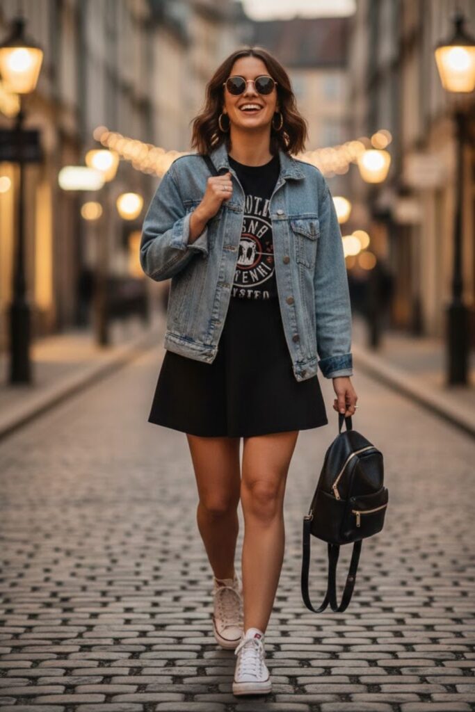 12. Mini Skirt with Denim Jacket and High-Top Sneakers