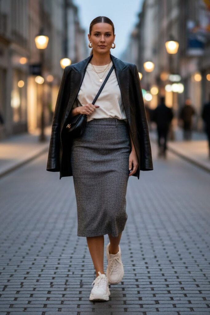 13. Pencil Skirt with Oversized Tee and Chunky Sneakers