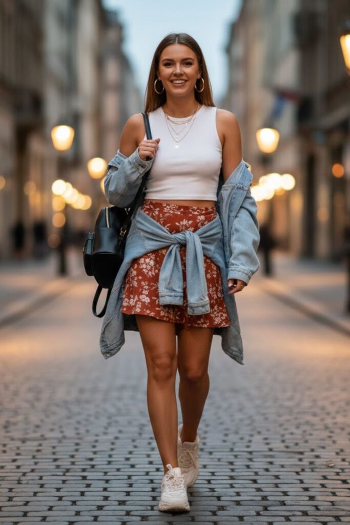 15. Wrap Mini Skirt with Crop Top and Athletic Sneakers