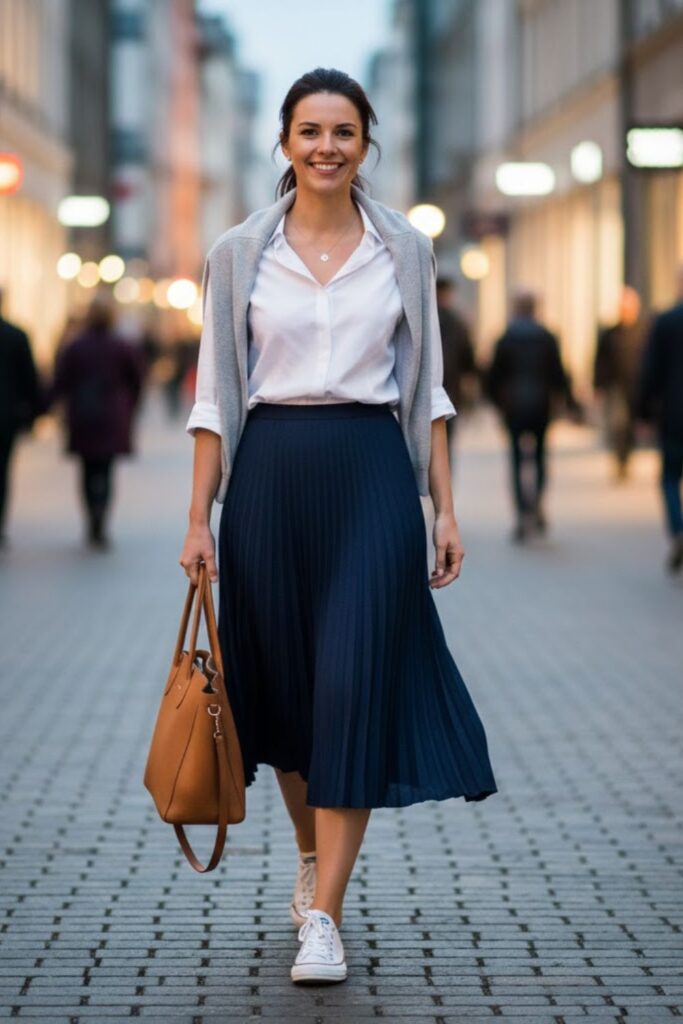16. Pleated Skirt with Button-Up Shirt and Canvas Sneakers