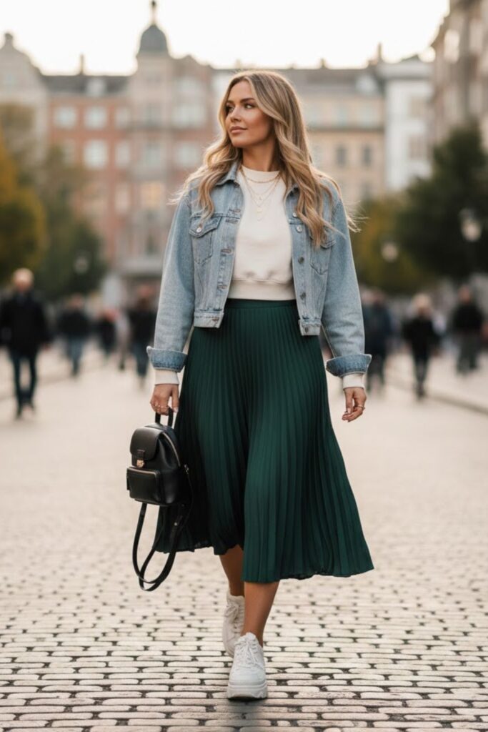 2. Pleated Midi Skirt with Chunky Sneakers