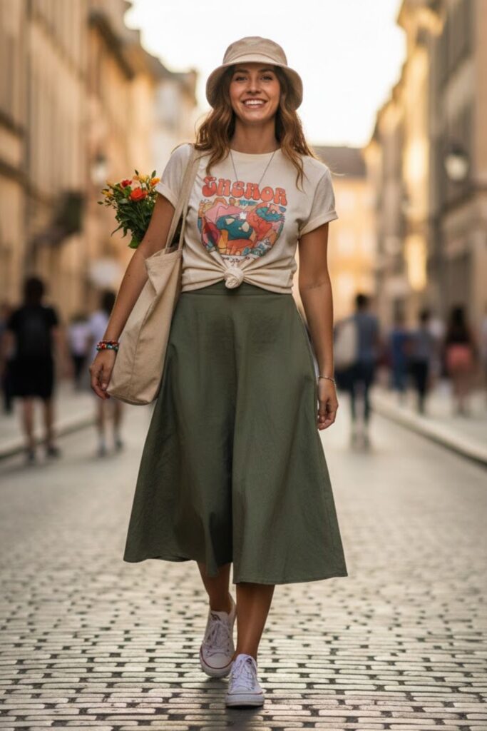 3. A-Line Skirt with Graphic Tee and Low-Top Sneakers