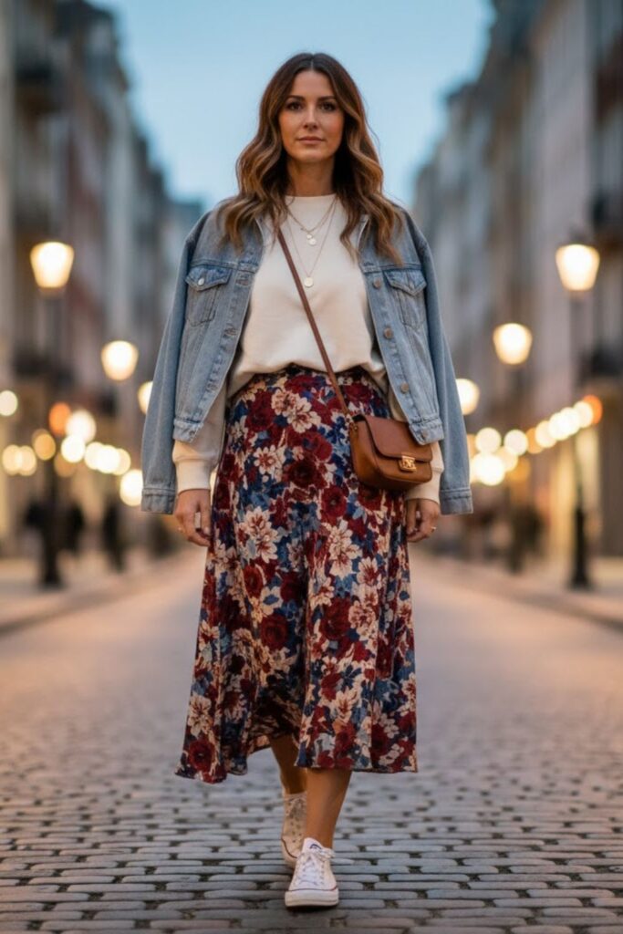 4. Maxi Skirt with Cropped Sweatshirt and White Sneakers