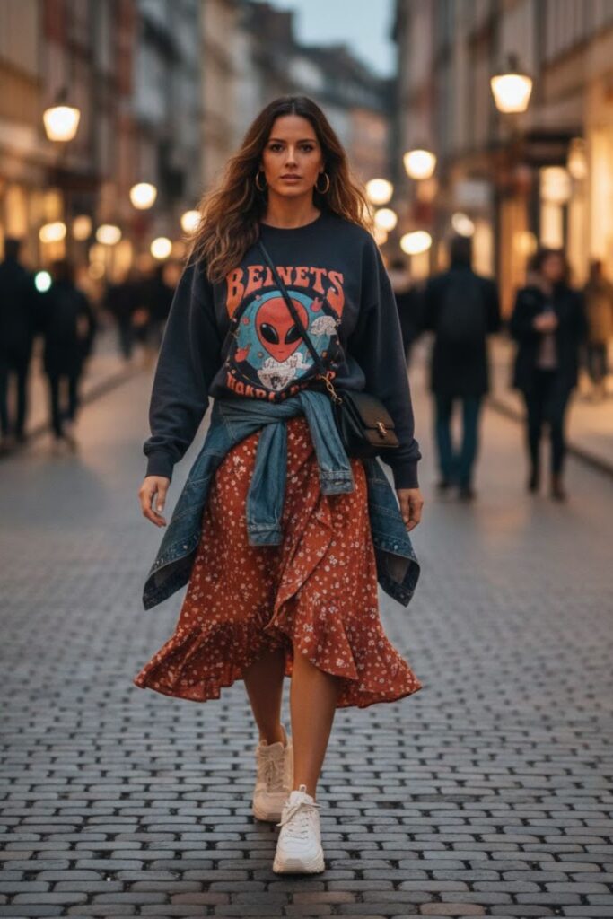 8. Wrap Skirt with Graphic Sweatshirt and Chunky Trainers