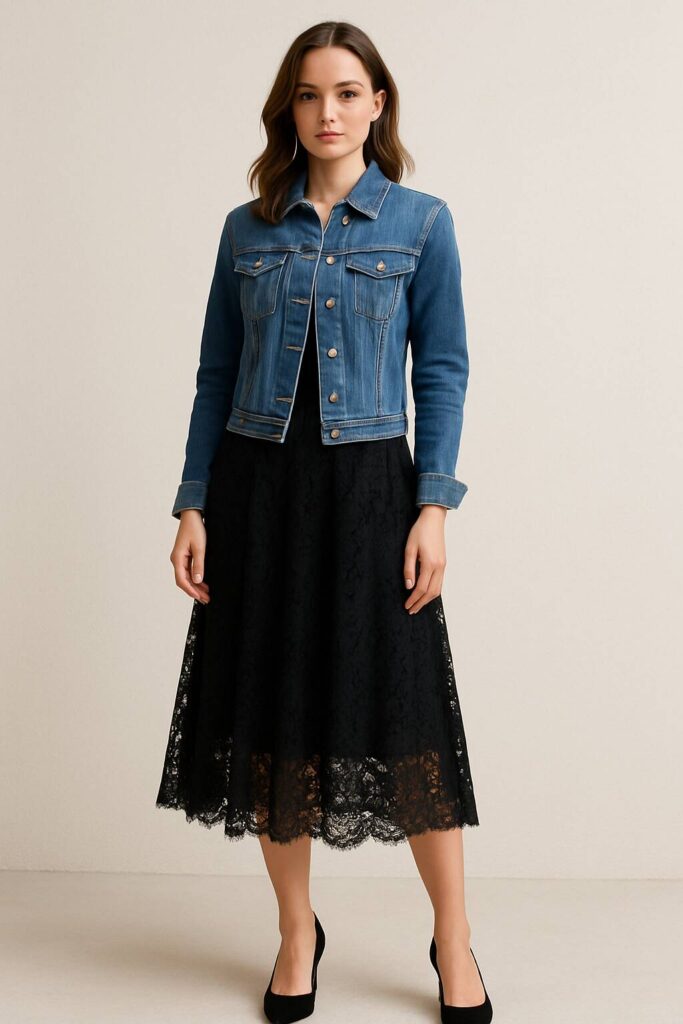 3. Black Lace Skirt with a Denim Jacket