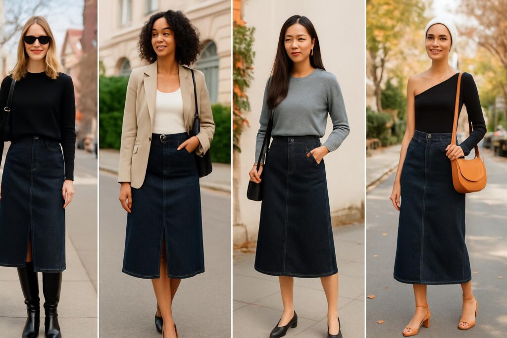 15 Dark Denim Skirt Outfit Ideas: