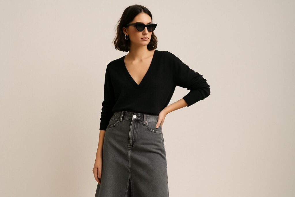 Grey Denim Skirt Outfit Ideas