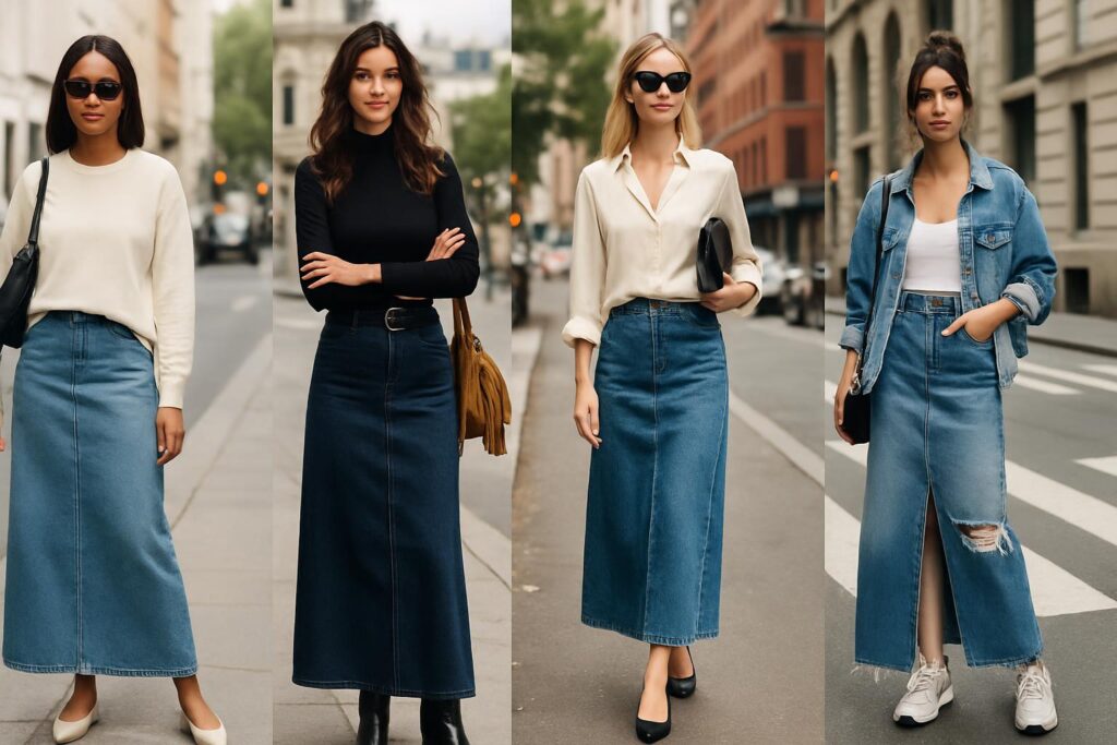 15 Long Denim Skirt Outfit Street Styles