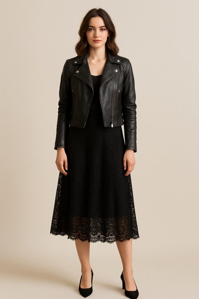 Lace Black Skirt with a Leather Jacket