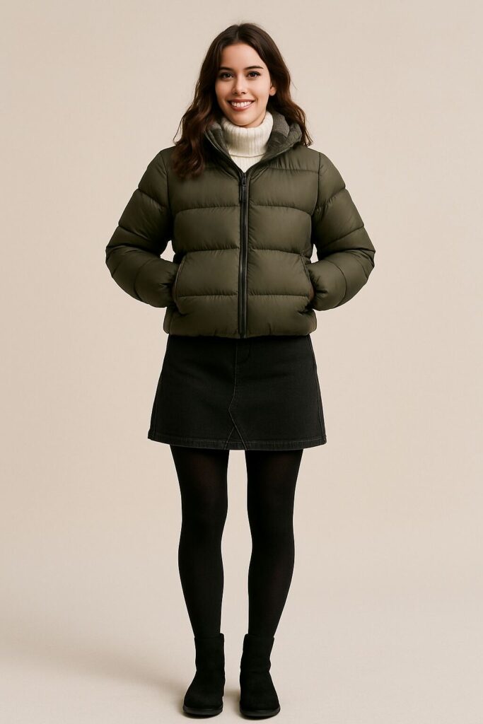 Black Denim Skirt with a Puffer Jacket