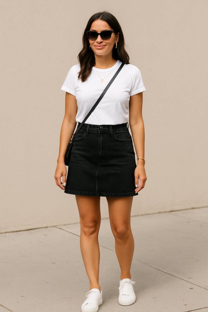 Black Denim Skirt with a White T-Shirt