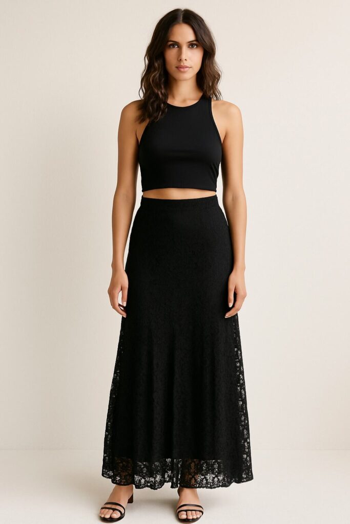 Black Lace Maxi Skirt with a Crop Top