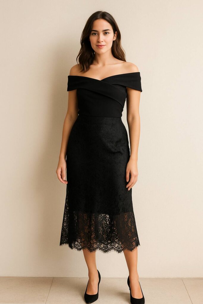 Black Lace Midi Skirt with Off-Shoulder Top