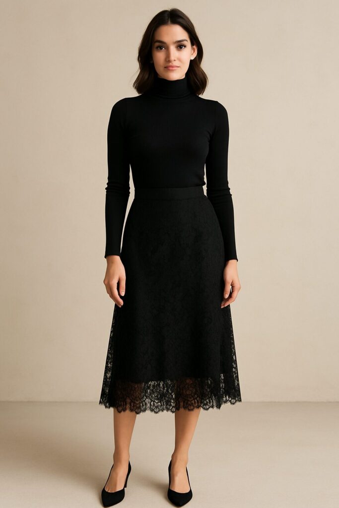 Black Lace Midi Skirt with a Turtleneck Sweater