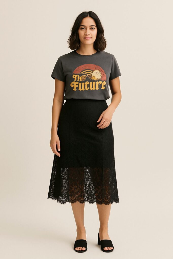Black Lace Skirt with Graphic Tee