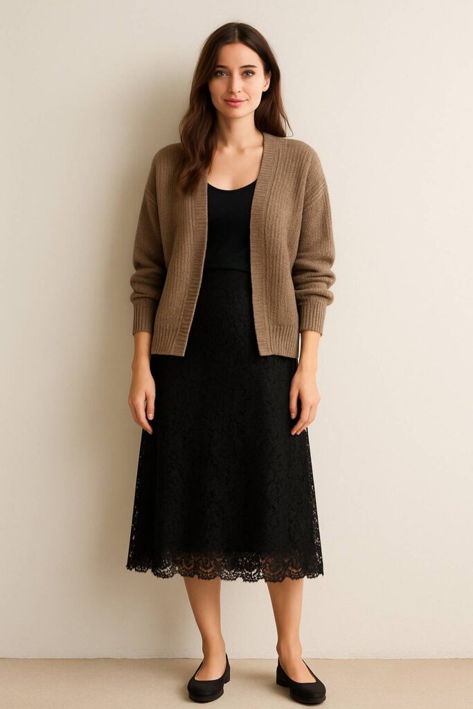 Black Lace Skirt with Knit Cardigan