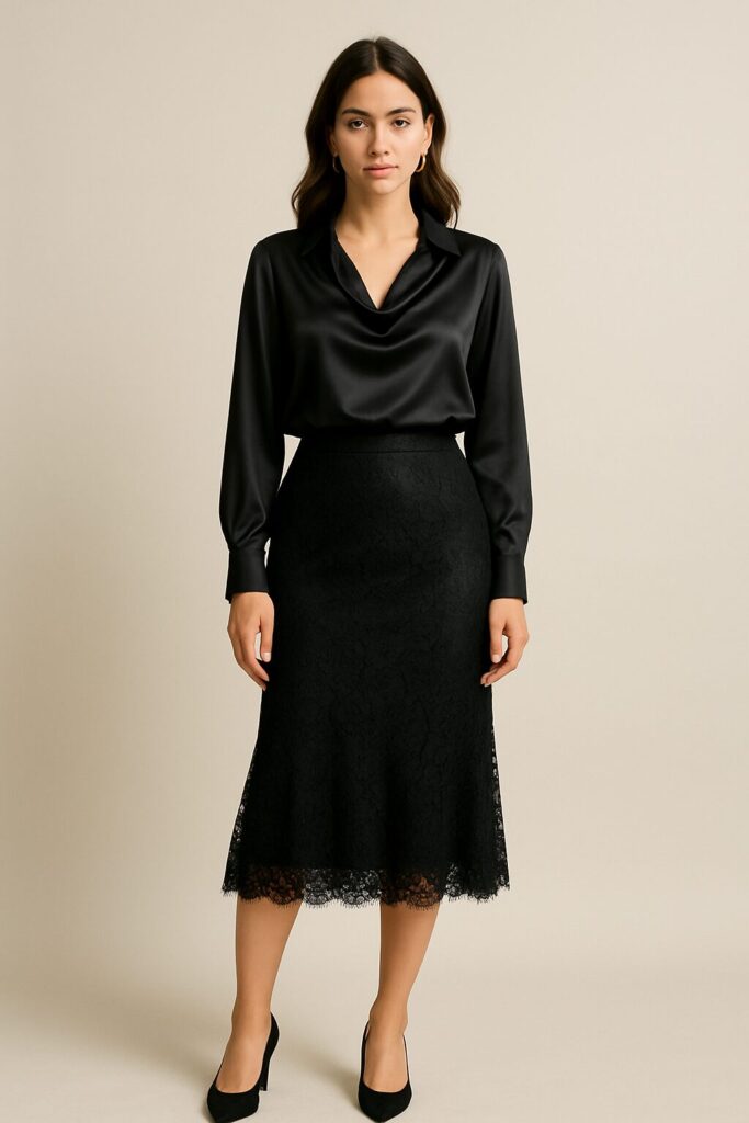 Black Lace Skirt with Silk or Satin Blouse