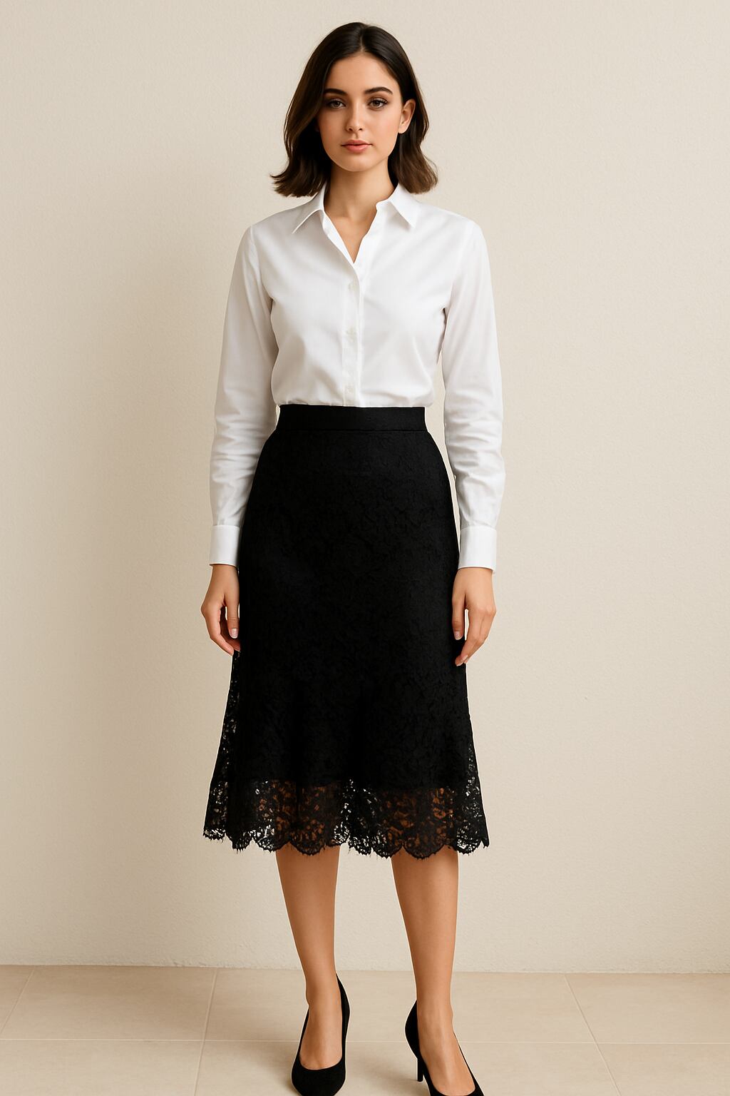Black Lace Skirt with a Button-Down Shirt