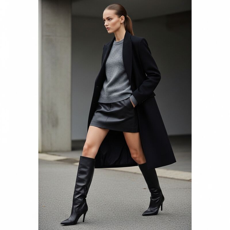 Black Leather Skirt with Knee-High Boots