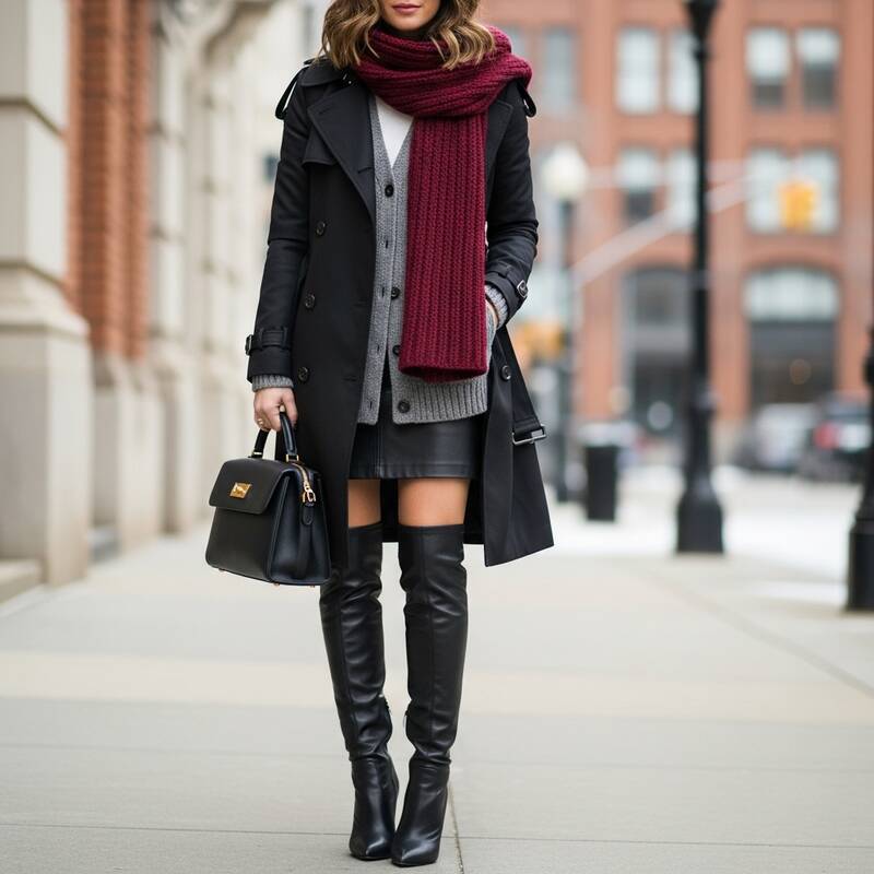 Black Leather Skirt with Layered Outerwear