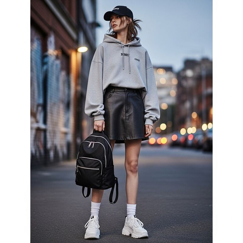 Black Leather Skirt with a Hoodie