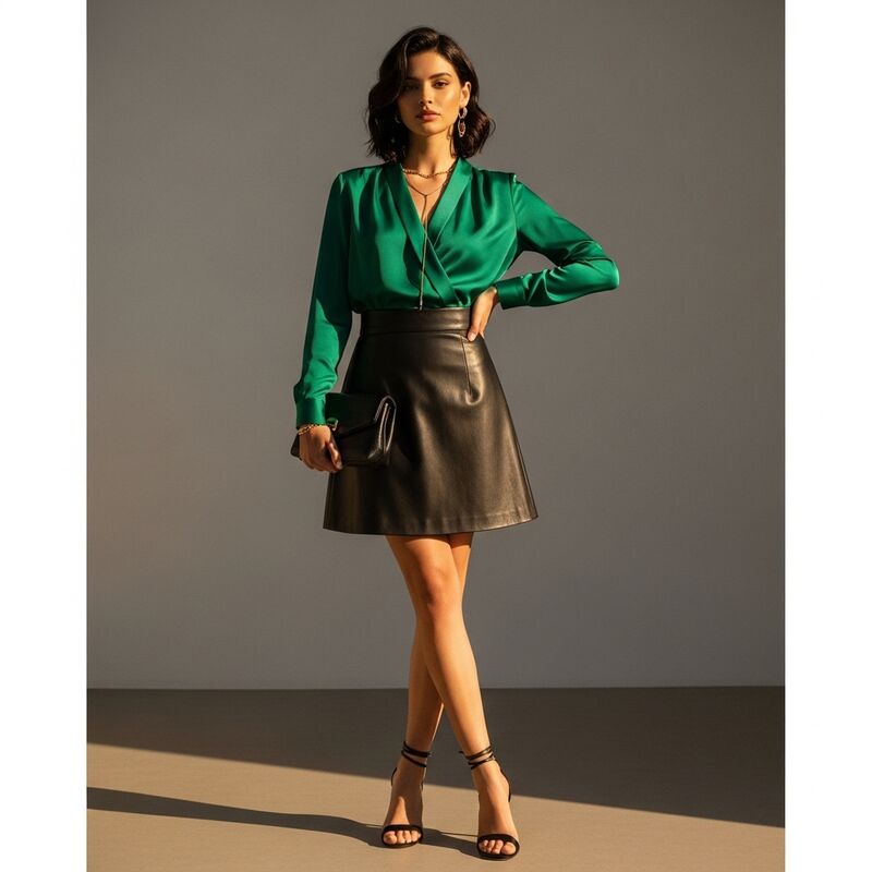 Black Leather Skirt with a Silk Blouse