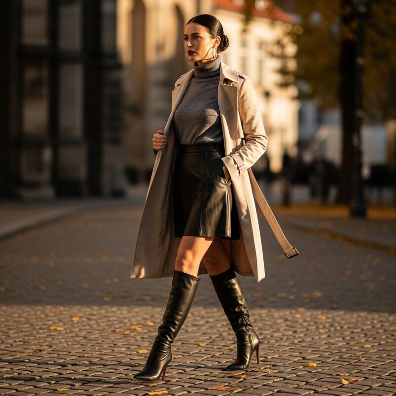Black Leather Skirt with a Turtleneck