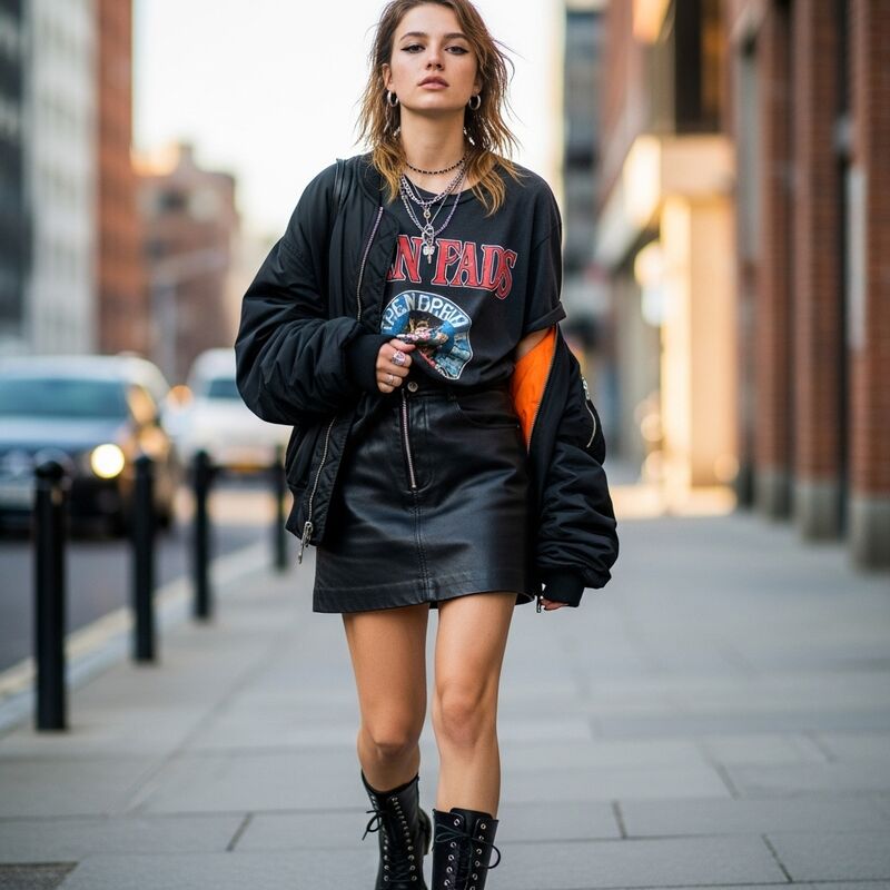 Black Leather Skirt with an Oversized Sweater