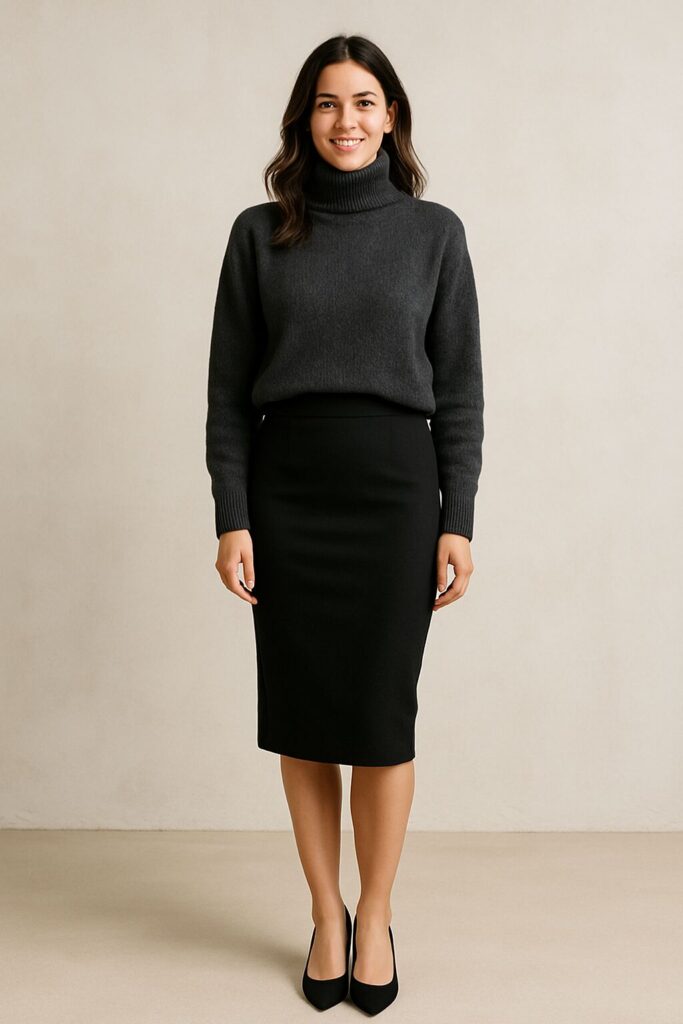 Black Pencil Skirt with a Turtleneck Sweater
