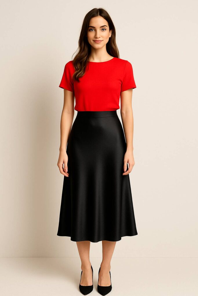 Black Silk Skirt with a Bold Colored Top