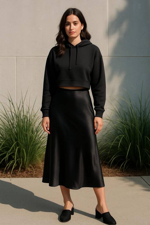 Black Silk Skirt with a Cropped Hoodie