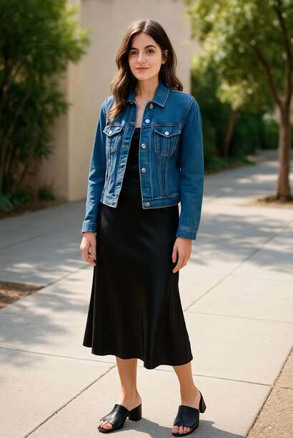 Black Silk Skirt with a Denim Jacket