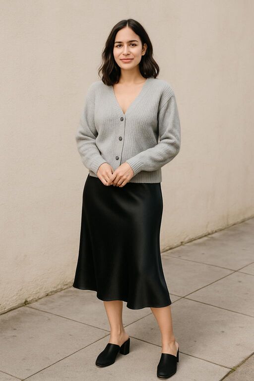 Black Silk Skirt with a Knit Cardigan