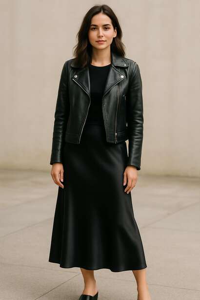 Black Silk Skirt with a Leather Jacket